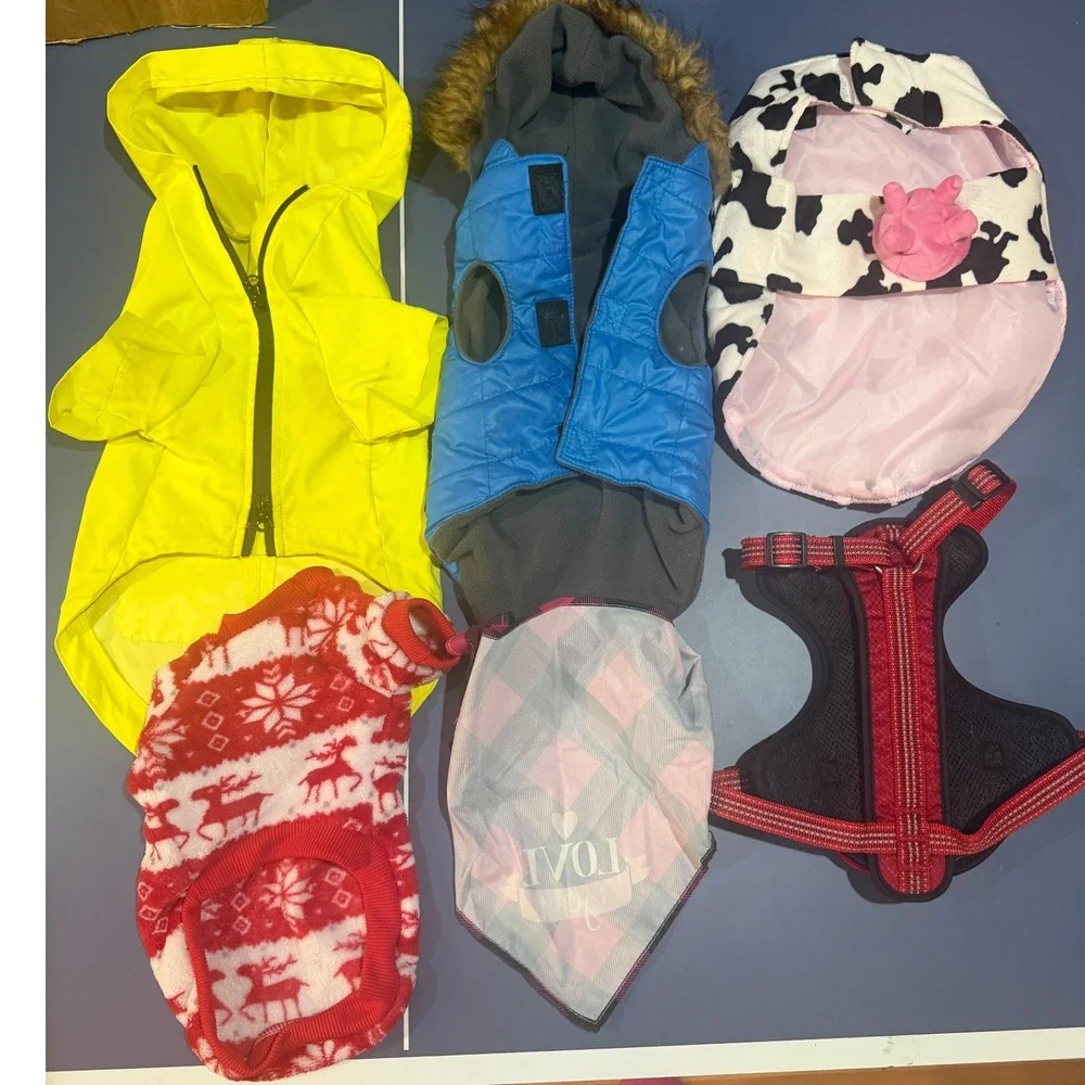 Dog Apparel Bundle Lot 6 Rain Jacket Puffer Vest Harness Sweater Costume Bandana